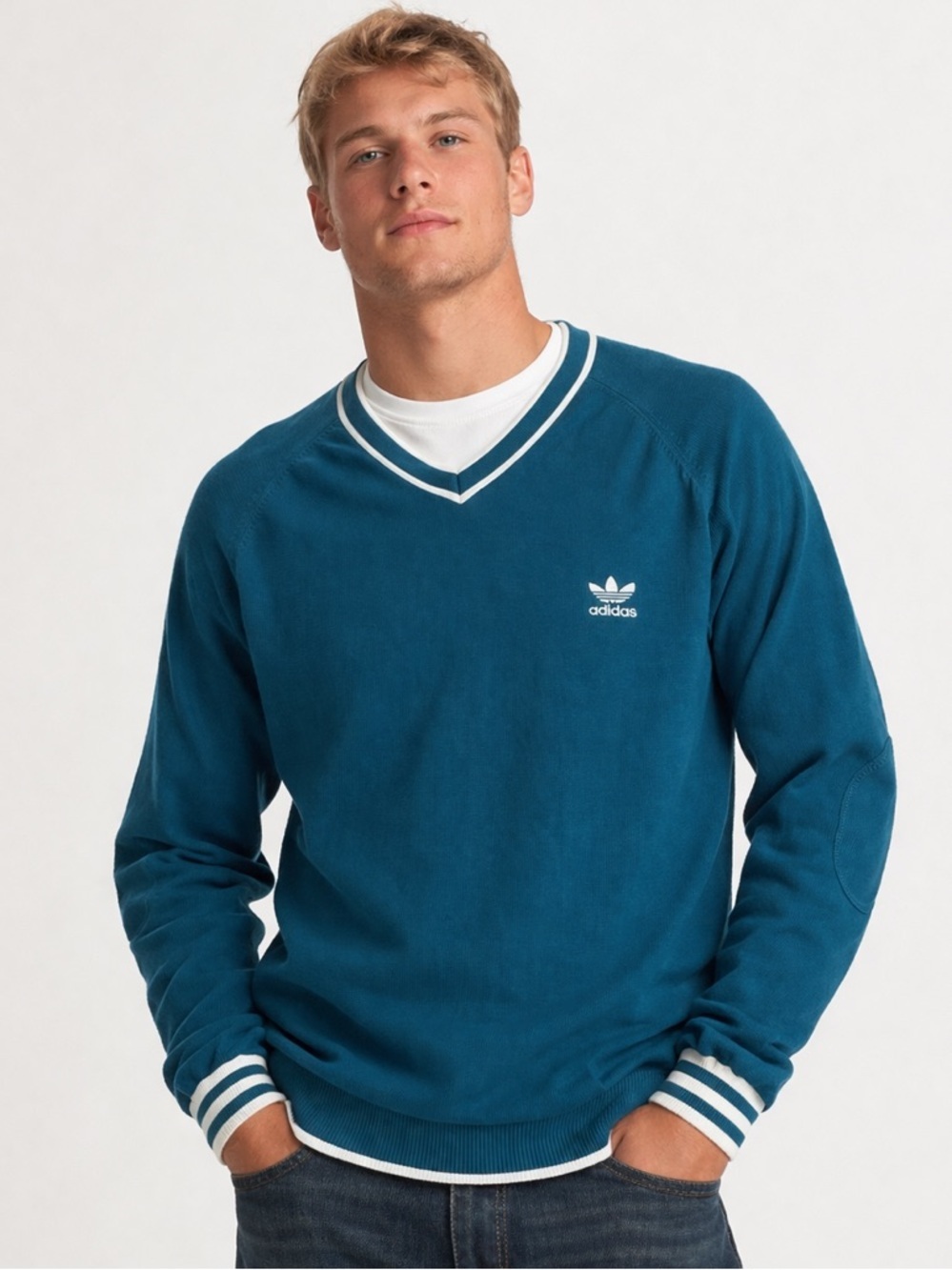 Adidas V-Neck Sweater with Elbow Patches Teal and White Size M